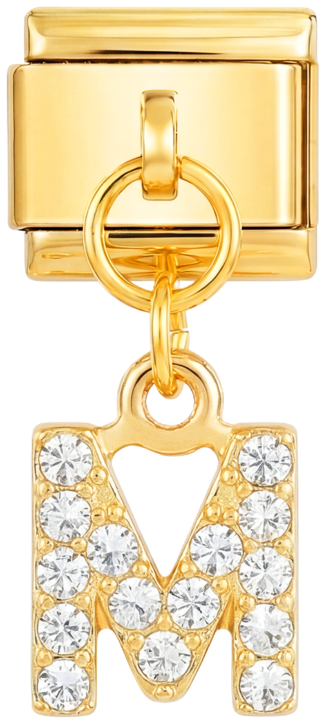 Letter M with stones, Hanging, on Gold - Letter-M-with-stones-hanging-on-gold.png