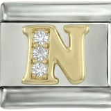 Letter N in Gold with Stones, on Silver